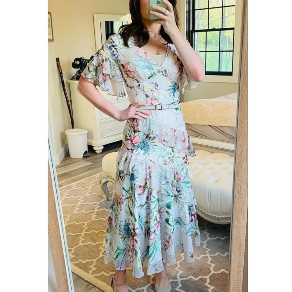 Theia Floral Ruffle Midi Dress‎ Blush Pink Size 0 - Picture 3 of 10
